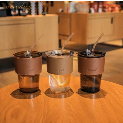 Glass Straw Cup Coffee Mug with Lid Tumbler for Hot & Cold Drinks 400ml