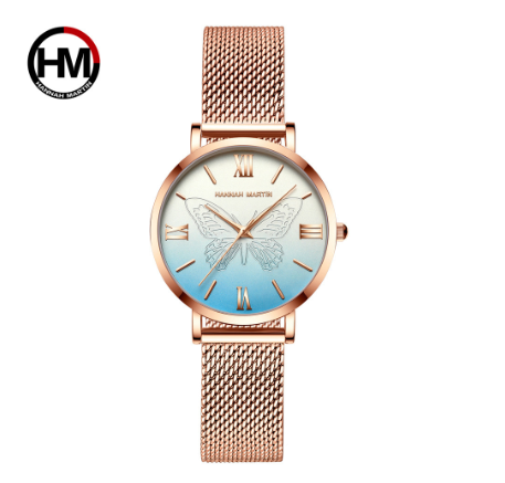 Hannah Martin Women Watches Japan Quartz Movement Watch 3D Butterfly dial Stainless Steel Waterproof Wristwatch BLUE