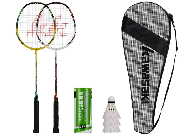 Badminton Rackets Set of 2 for Training, Sport, Including 2 Kawasaki Badminton Racket, 3 Badminton Birdies Feather,1 Badminton Bag Large (Yellow Green/White Red)