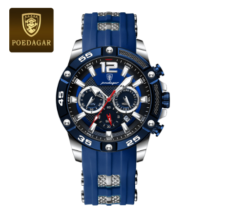 POEDAGAR sports watch for men waterproof original fashion silicone multifunctional chronograph watch luminous calendar display Watch SILVER BLUE