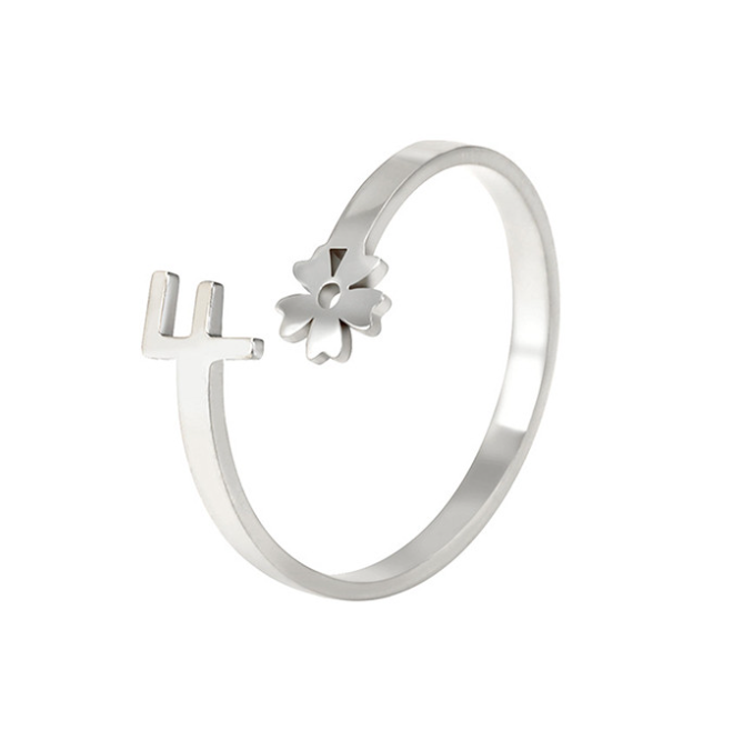 Stainless Steel A-Z Letter Ring For Women Girl Flower 26 Initial Name Adjustable Ring Trendy Birthday Jewelry Gift F