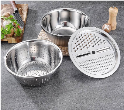 3pcs Stainless Drain Basin Graters Peeler Set Soup Pot Vegetables Washing Bowl