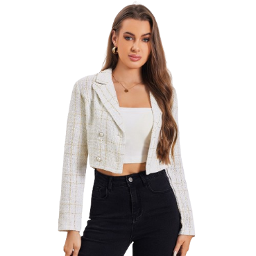 Lovito Women Casual Plaid Pearls Double Button Notched Collar Blazer LBL06163 (White)