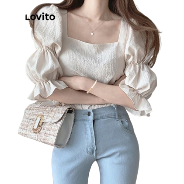 Lovito Casual Plain Ruffle Square Neck 3/4 Sleeves Blouse for Women LNE02176 (Apricot)
