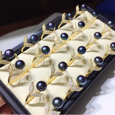 Freshwater Black Pearl Ring 18k Gold Plated Fishtail Ring