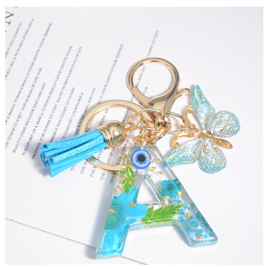 Exquisite Dried Flower Filled 26 Letter Keychain With Butterfly Pendant Fashion A-Z Name Initials Keyrings Car Key Holder Gifts A