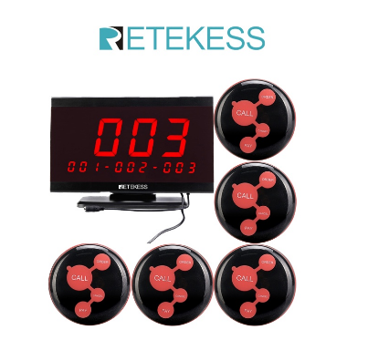 Retekess TD105 Wireless Calling System Voice Broadcast Call Pager with 1 Display Receiver And 5 Waterproof Call Buttons
