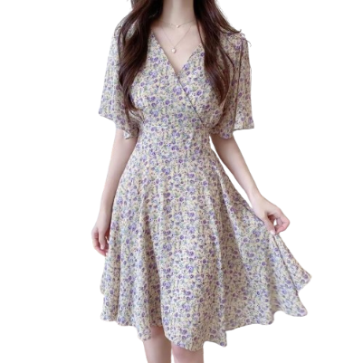 Lovito Casual Ditsy Floral Zipper V-Neck Short Sleeves Dress for Women LNA06126 (Purple)