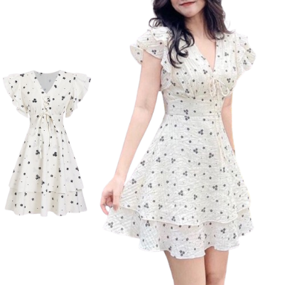 Lovito Women Casual Ditsy Floral Lace Up Ruffle Double Layer Dress L73AD128