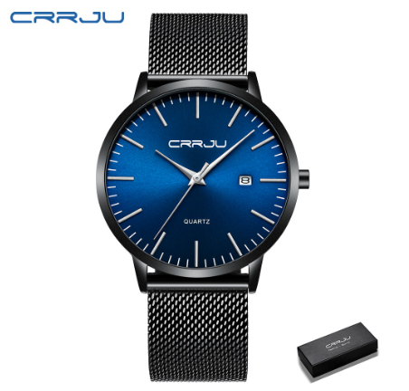 CRRJU Men Watches Quartz Ultra Thin Waterproof Fashion Business Casual Stainless Steel 2172 BLACK BLUE SILVER
