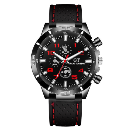 Men Sports Watch Black Silicone Band Quartz Watches RED