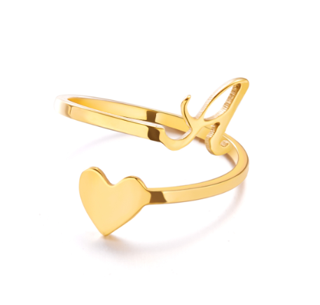Gold Stainless Steel A-Z Rings Initial Letters Heart Rings Women Fashion Non Fading Jewelry Adjustable A