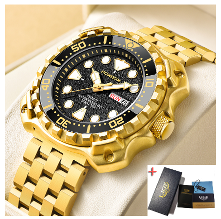 LIGE Original Men Stainless Anti-Rust Waterproof Luminous Business Watch  STEEL GOLD BLACK