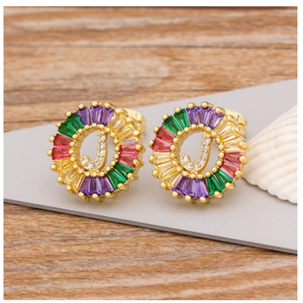 Colorful Choice 26 Initial Letters Earrings Cute Alphabet Copper CZ A-Z Rainbow Stud Earrings Name Jewelry J