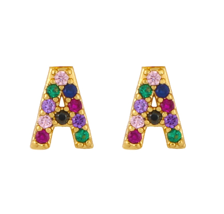 New European and American Fashion Gold 26 Letters Colorful Zircon Alphabet Stud Earrings Women Jewelry Gifts A