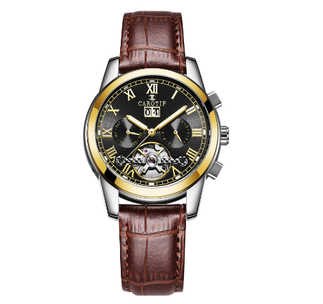CAROTIF Automatic Tourbillon Watch for Men - Gold Skeleton Luxury Stainless Steel Calendar F6002C 3