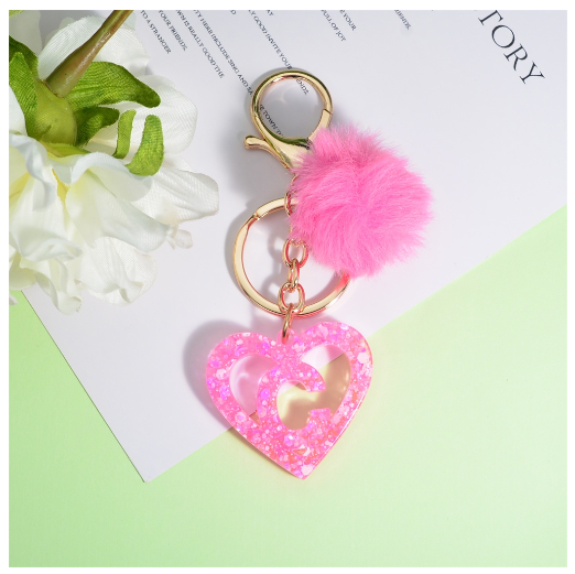 Pink Heart A-Z 26 Initials Keychain With Furball Fashion Letter Resin Keyring For Women Bag Ornaments Car Key Accessories Gifts C