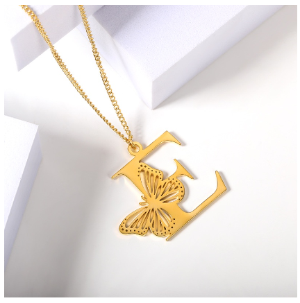 High-quality 18k Gold Plated A-Z Letters Necklace Stainless Steel Butterfly Necklace for Women Men Couple Fashion Jewelry E
