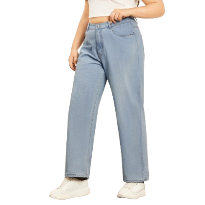 Lovito Plus Size Curve Casual Plain Zipper Button Pocket Hardwearing Women Jeans LPS06033 (Light Blue)