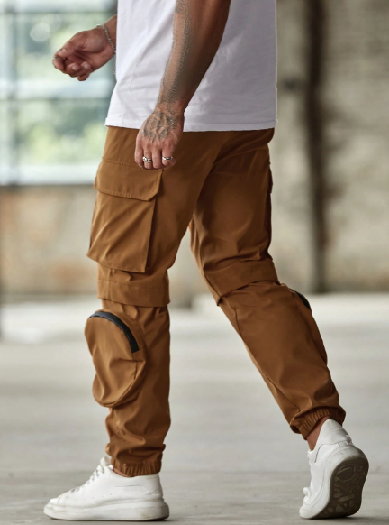 Manfinity LEGND Loose Fitting Men's Solid Color Cargo Pants With Zipper Details, Flap Pockets, Side Drawstring Waist