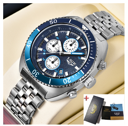 LIGE Dial Diameter Watch Fashion Men Waterproof Watches Stainless Steel Sport Chronograph Quartz Brand WristWatch SILVER BLUE