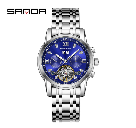 Sanda Official Fully Automatic Mechanical Steel Band Watch Fashion Hollow-out Men's Luminous Swimming Watch SILVER BLUE