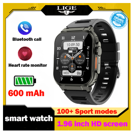 LIGE Call Smart Watch Men 1.96 Inch Full Touch 600mAh Battery Watch Sport Waterproof Fitness Support Recording Connect Music Watch SILICONE BLACK