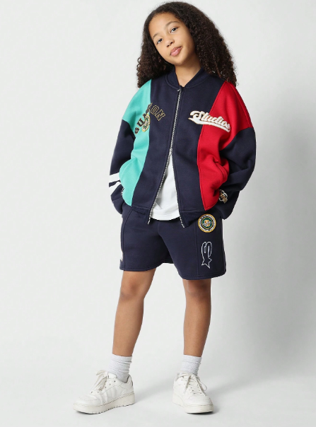 SUMWON Tween Girls Colour Blocked Bomber Jacket And Short 2 Piece Set