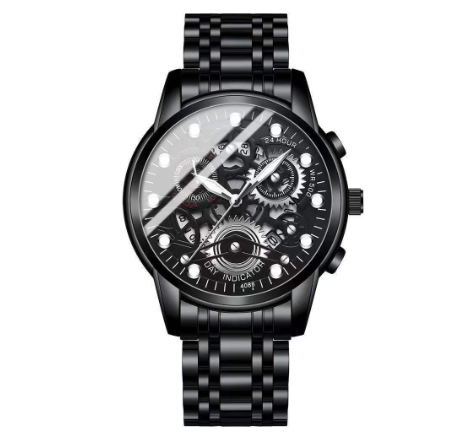 SENO Luxury 2022 New Men's Watch Hollow Multi-function Quartz Men's Wristwatch Stainless Steel Waterproof Luminous Watch BLACK