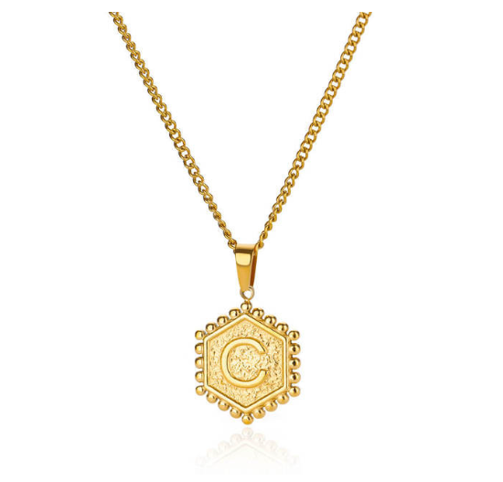 Fashion Hexagon A-Z Letter Necklaces For Women Stainless Steel Initial Hexagon Pendant Necklace C