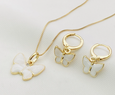 18K Gold Plated 2in1 Butterfly Pendant Necklace Stud Earrings Set for Women