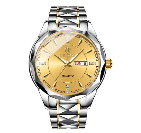 Binbond Fashion Luxury Stainless Steel Waterproof Men Unique Business Watch Dual Calendar Gold Luminous Quartz Wrist Watch M004