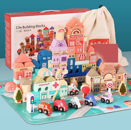 Kids 115pcs Wooden Colored City Building Construction Educational Blocks Toy Set