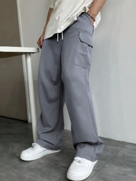 Manfinity Homme Men's Solid Color Utility Pocket Straight Leg Pants With Waist Tie