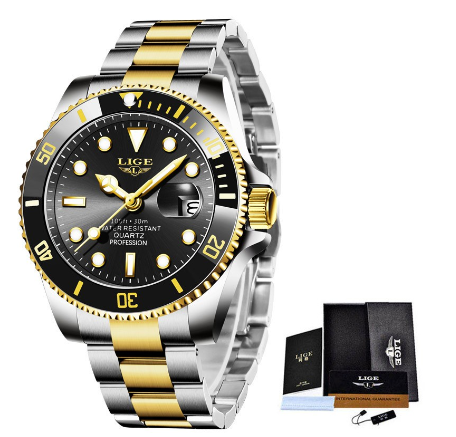 LIGE Men's Watch Stainless Steel Relo For Male Business Watches Waterproof Unisex WristWatch GOLD BLACK