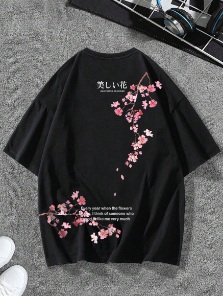 Manfinity Hypemode Men T-Shirts Oversize Crew Neck Drop Shoulder Short Sleeve Graphic Tee Floral Japanese Fashion Casual Summer Polyester