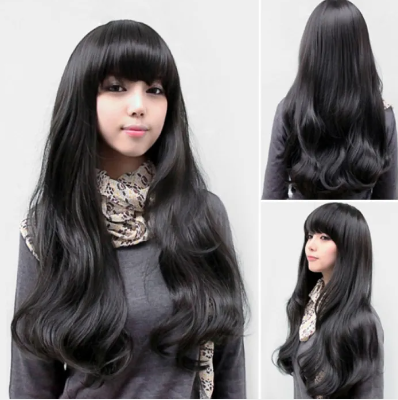 68CM Long Curly Wave Fluffy Hair Black Wig for Women with Bangs