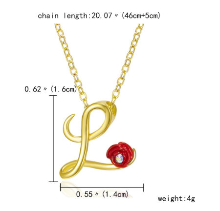 Fashion 26 Letter Necklace Ladies Red Rose Flower Clavicle Pendant Necklace Rhinestone Retro English Letter Necklace L