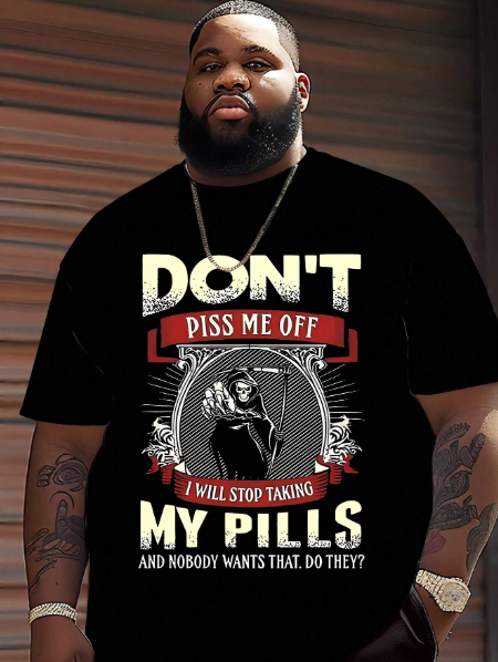 Plus Size Men's Casual Letter & Cartoon Print Round Neck Short Sleeve T-Shirt, Summer