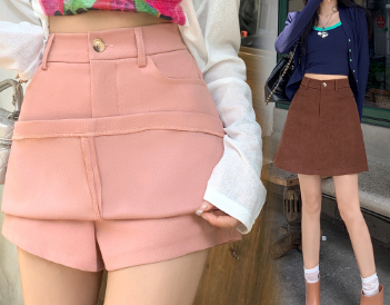 Lovito Women Casual Plain Double Layer Shorts LNE27167 Brown/Light Pink/Black