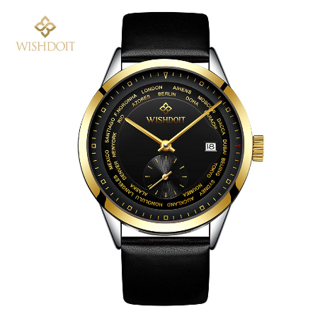 WISHDOIT Watch For Men Original Waterproof Leather Strap Business Fashion Luminous Automatic Mechanical Wristwatch BLACK GOLD