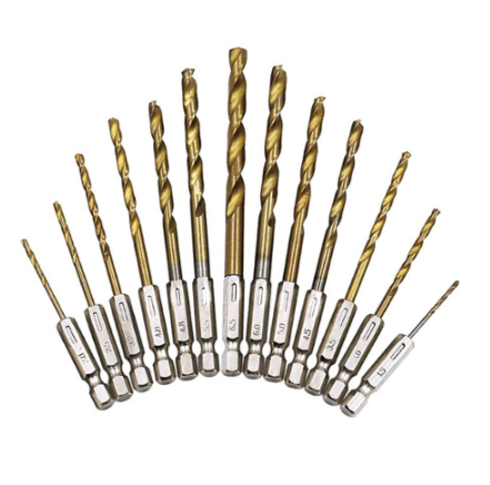 13PCS Hex Shank HSS 1/4' Metal Drill Bit Set 1.5-6.5mm 1 Set Titanium Plating Use In Drilling Wood