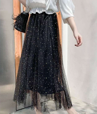 High Waist Slim Sequined Mesh Skirt Mid-Length All-match Fairy Skirt Simple Pleated Skirt
