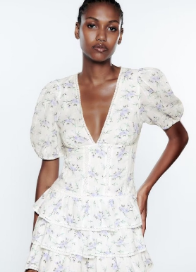 V-neck Embroidered Flower Print Short Sleeve Dress