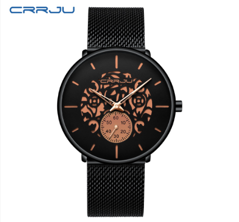 CRRJU Fashion Mens Watches Top Brand Luxury Quartz Watch Men Casual Slim Mesh Steel Waterproof Sport Watch 2150X BLACK ROSEGOLD 1