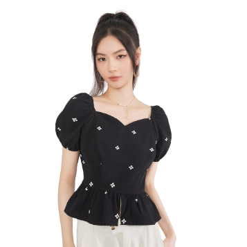 Lovito Women Ruffle Square Neck Puff Sleeve Blouse L62ED014 (Black)