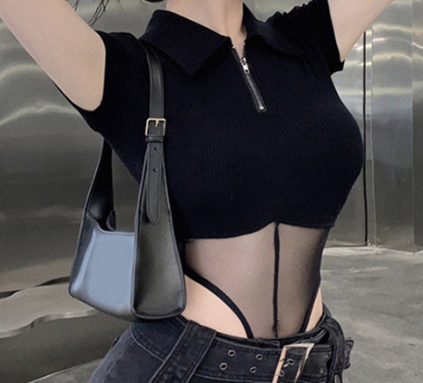 Women Zipper Mesh Bodysuits LNE31107 Black