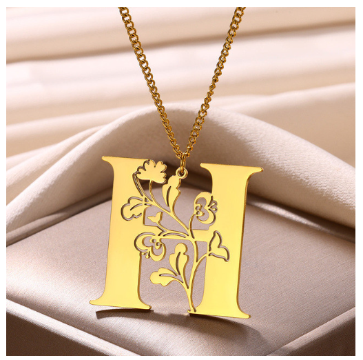 Beauty Flower A-Z Letter Necklaces for Women Men Stainless Steels Flower Initial Pendant Necklace H