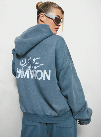 SUMWON WOMEN Oversized Fit Washed Ruched Sleeve Hoodie With Arabic Letter Graphic Print