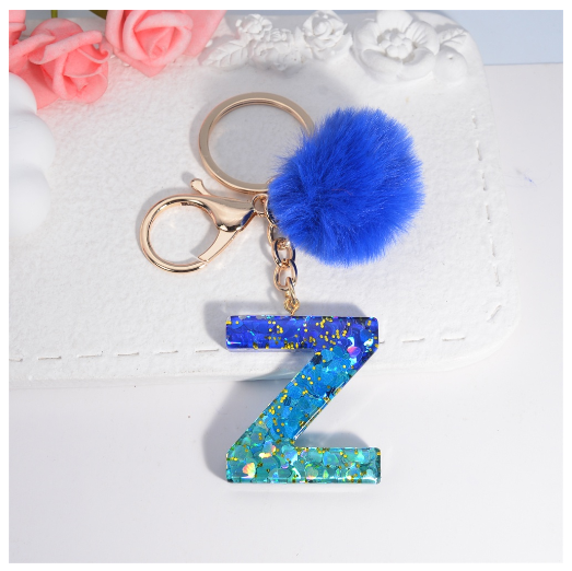 Exquisite Blue Pompom A-Z 26 Letter Keychain Glitter Heart Sequin Filled Initials Keyrings Bag Accessories Charm Car Keyholder Z